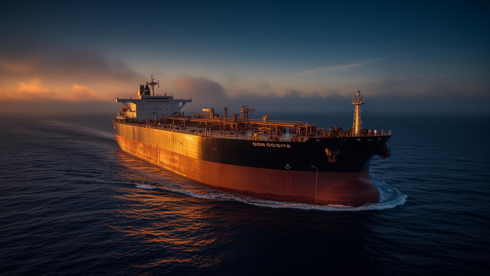 Crude oil tanker at sea during golden hour